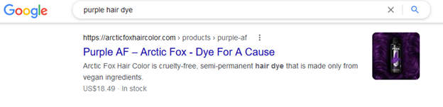 Image shows a meta description for Arctic Fox Hair Color, which says: Arctic Fox Hair Color is cruelty-free, semi-permanent hair dye that is made only from vegan ingredients.
