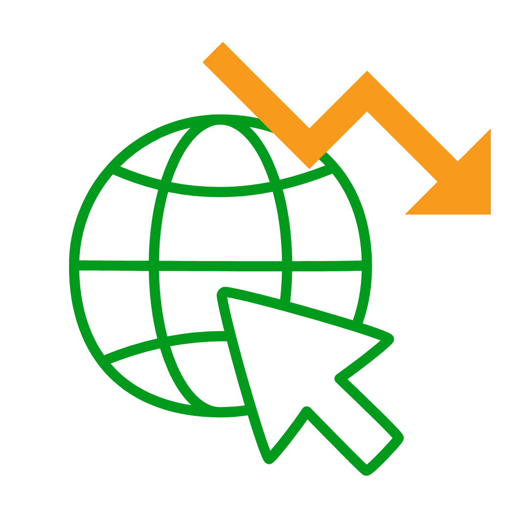 A globe and mouse pointer with an arrow trending down