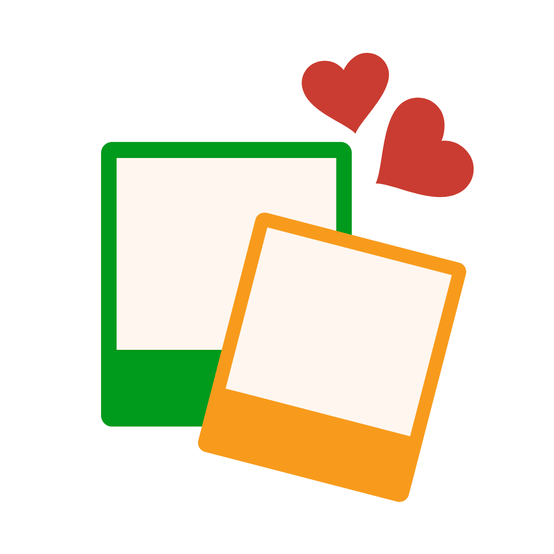 Two photographs with hearts next to them