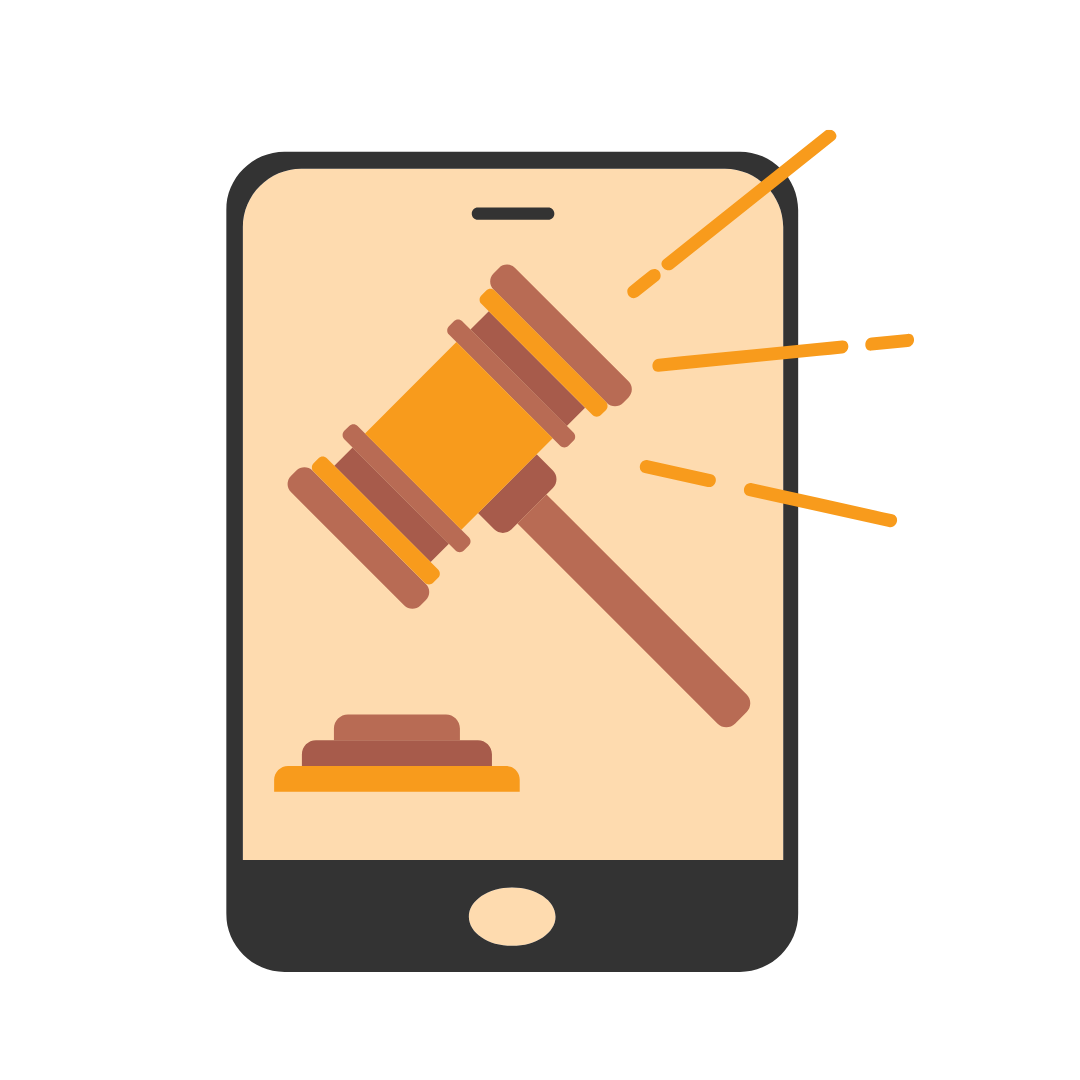 A cartoon of a smartphone with gavel