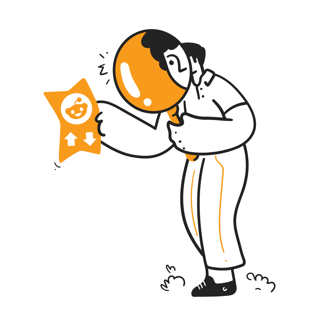 Icon of a person looking at a paper with Reddit icons on it